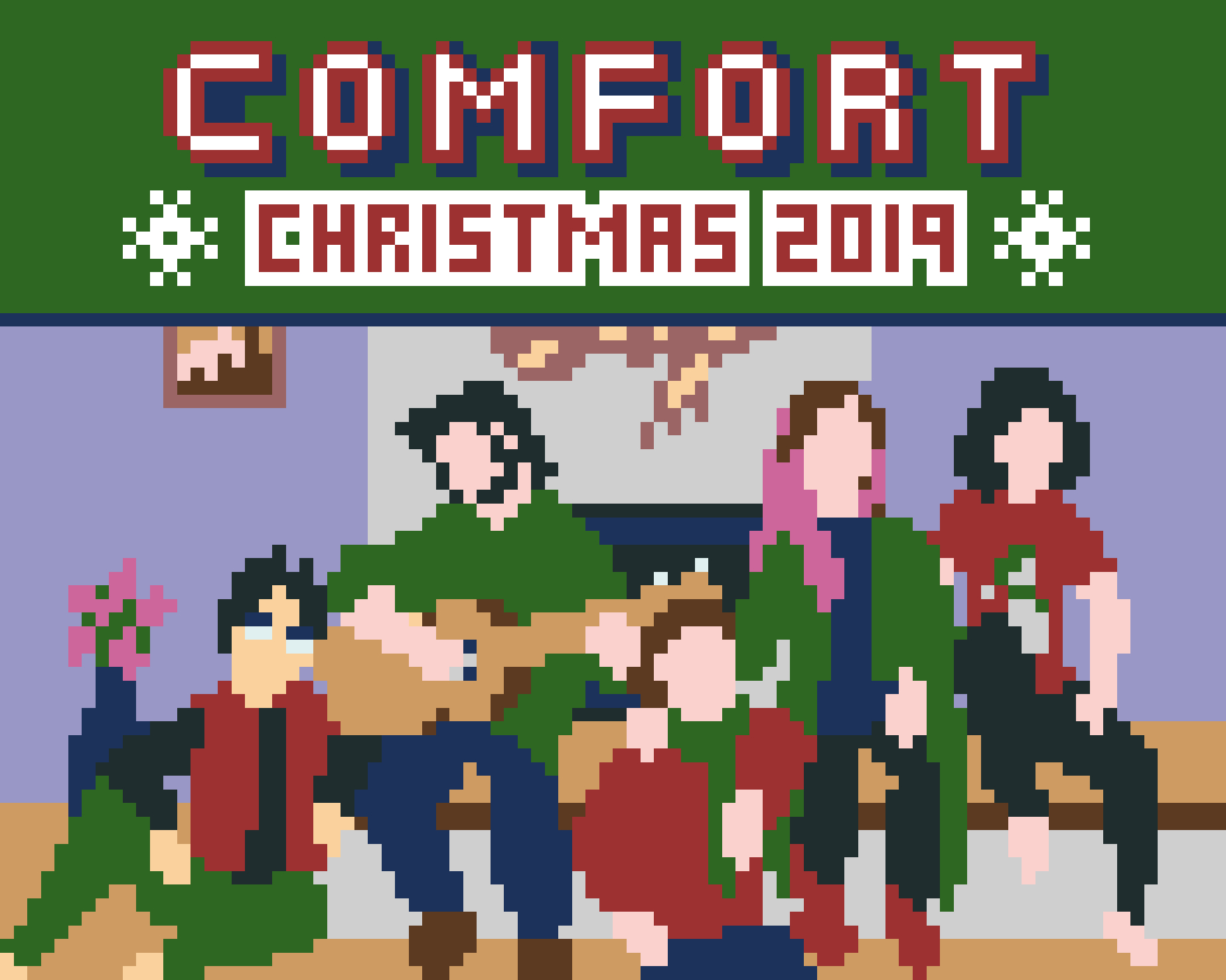 A Christmas-clad family sits comfortably around a fireplace as one plays guitar.