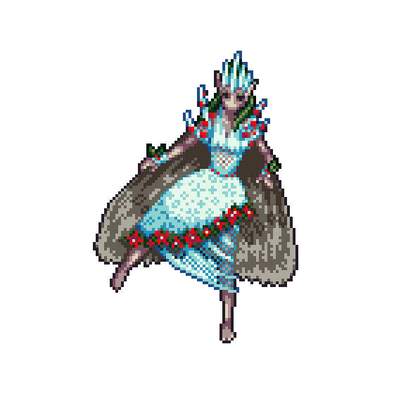 Greela, the queen of the winter fearies, wears a festive dress and an icy crown. She hovers in the air with her moth-like wings.