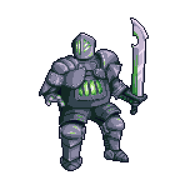 A giant set of iron armor. It weilds a greatsword, and its furnace-like belly emits an earie green glow.