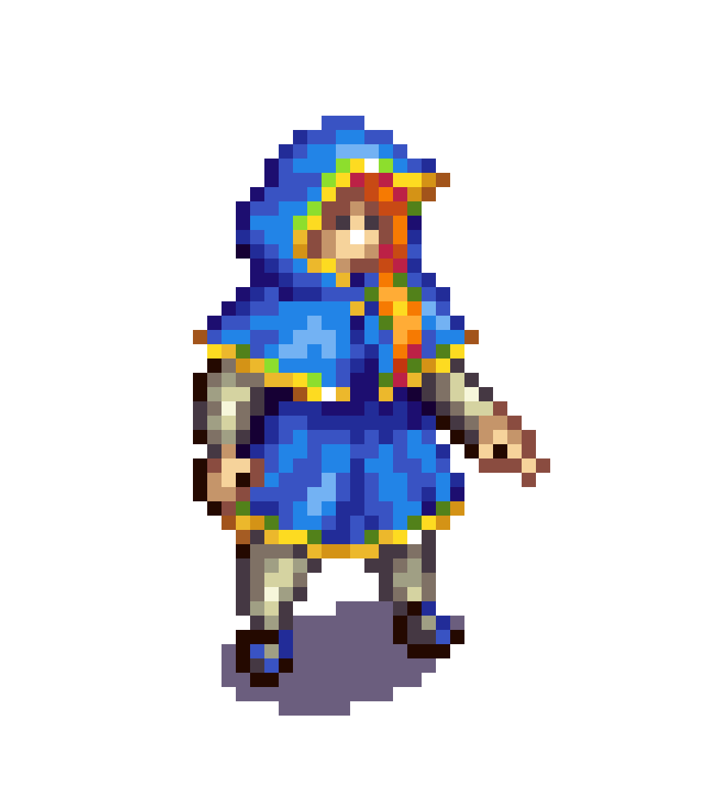 A red haired woman dressed in a blue cloak with gold trim.