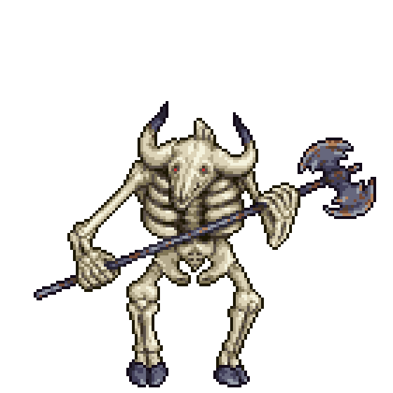 A minotaurs skeleton is kept alive through evil magic.