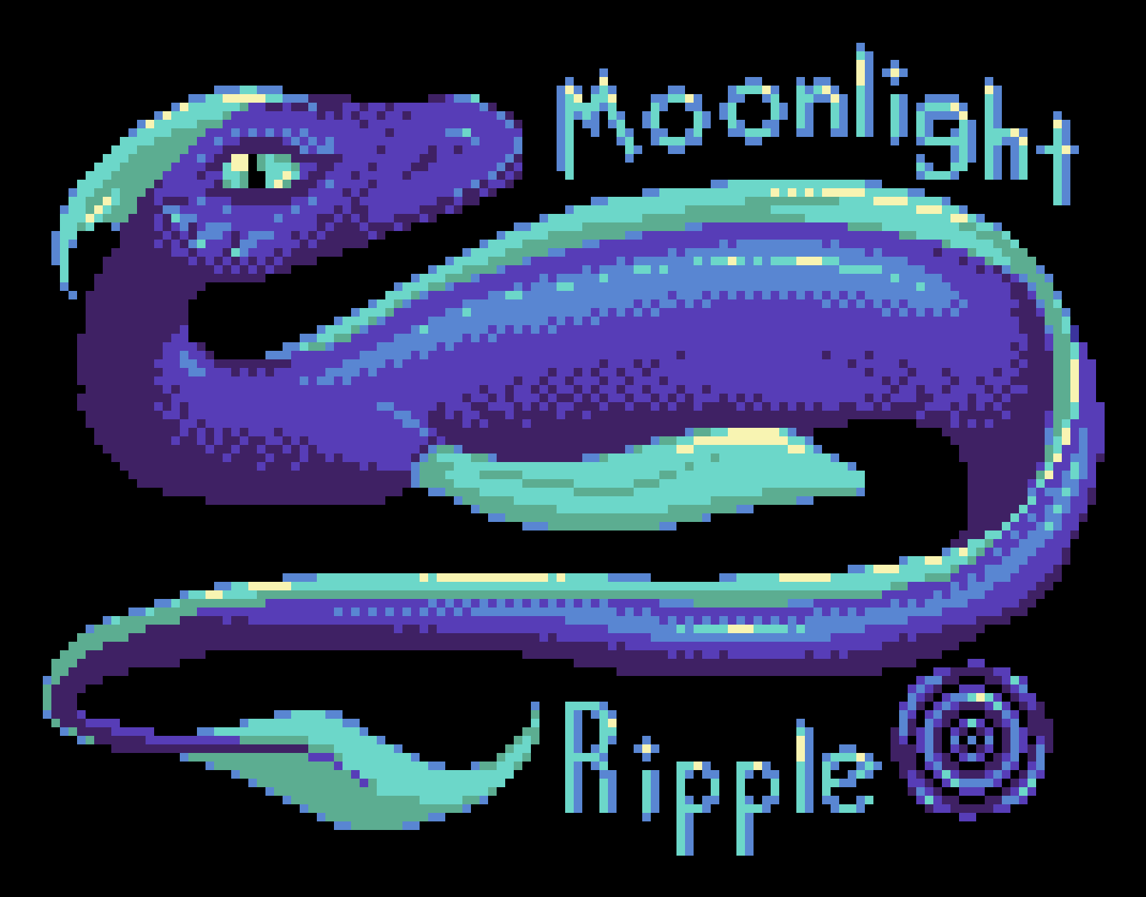An indigo water dragon with turquoise fins rests gracefully. It is named Moonlight Ripple.