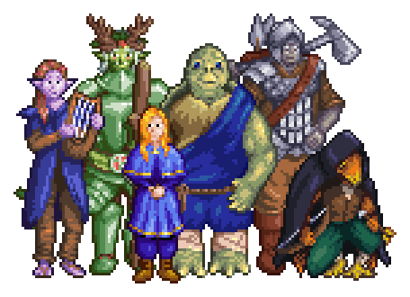 Left to right: Aife, a half-elf bard and midwife; Lady Bertilak, a wintery half-orc paladin; Mars Everson, a shy human alchemist; Grok, a tortle mystic with a passion for booklearning; Kava, a tattooless goliath fighter; Kiwi, a clever aarokocra rogue
